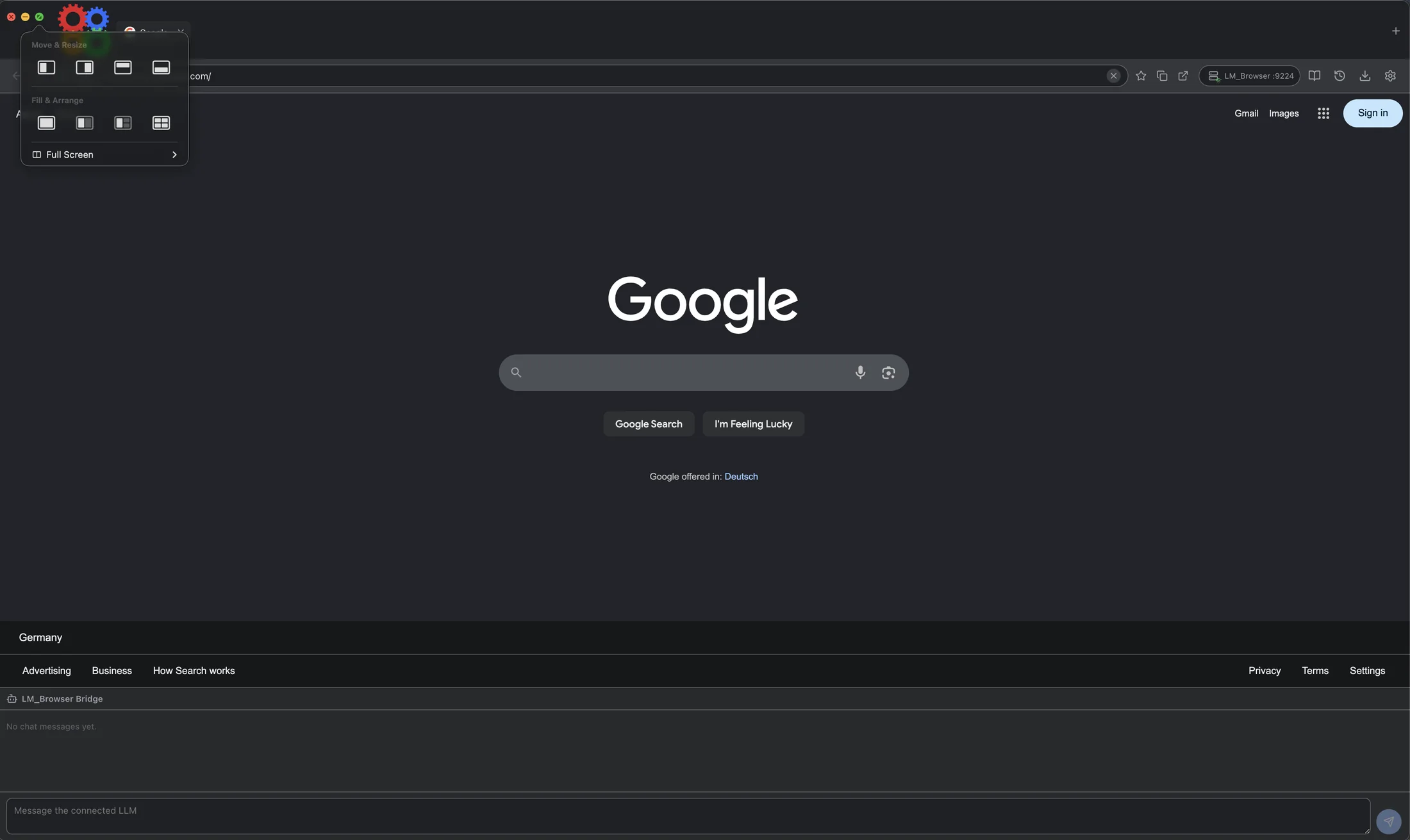 LLM Browser open on Google with the bridge panel and prompt composer at the bottom.