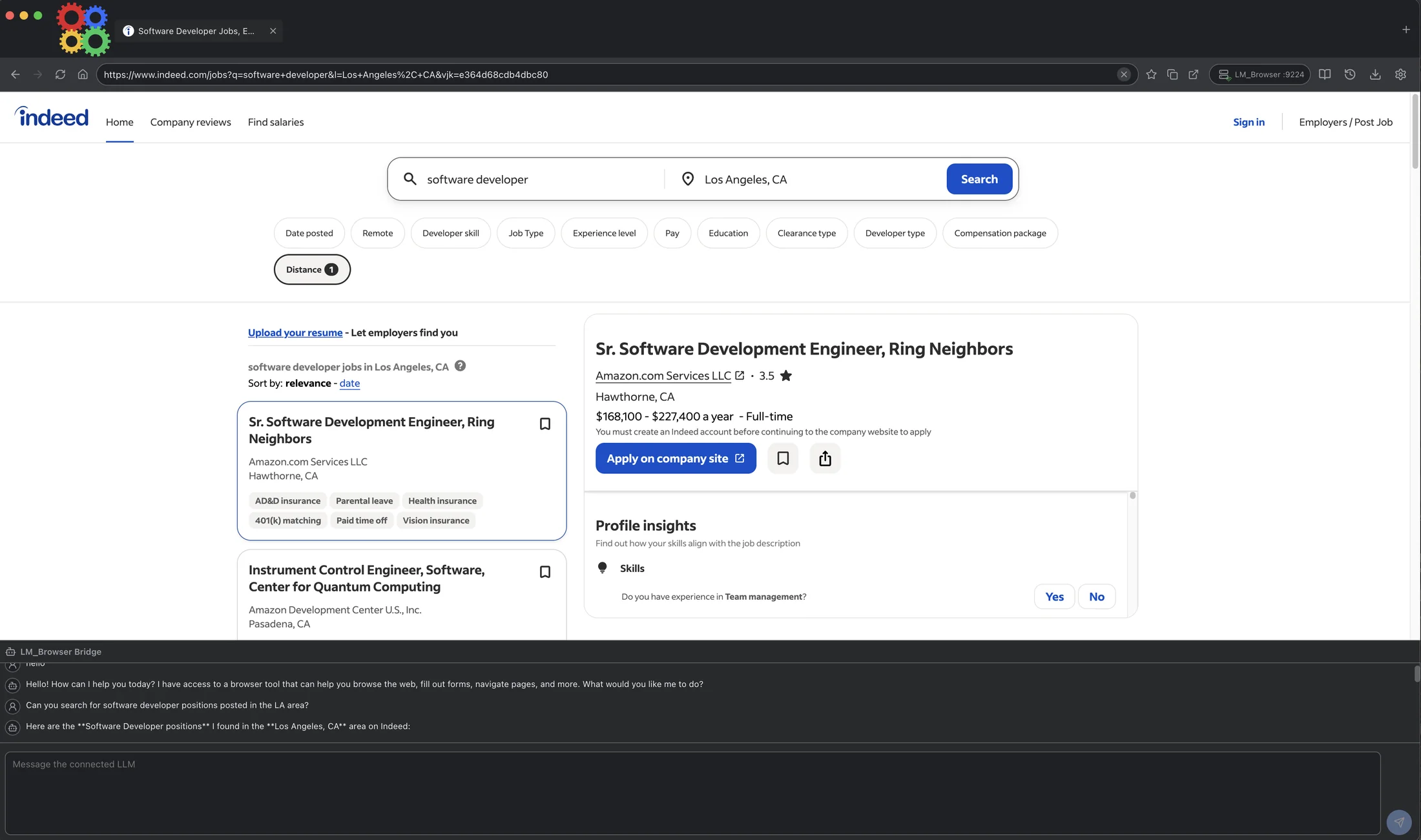 LLM Browser showing a browser-agent search task with bridge messages.