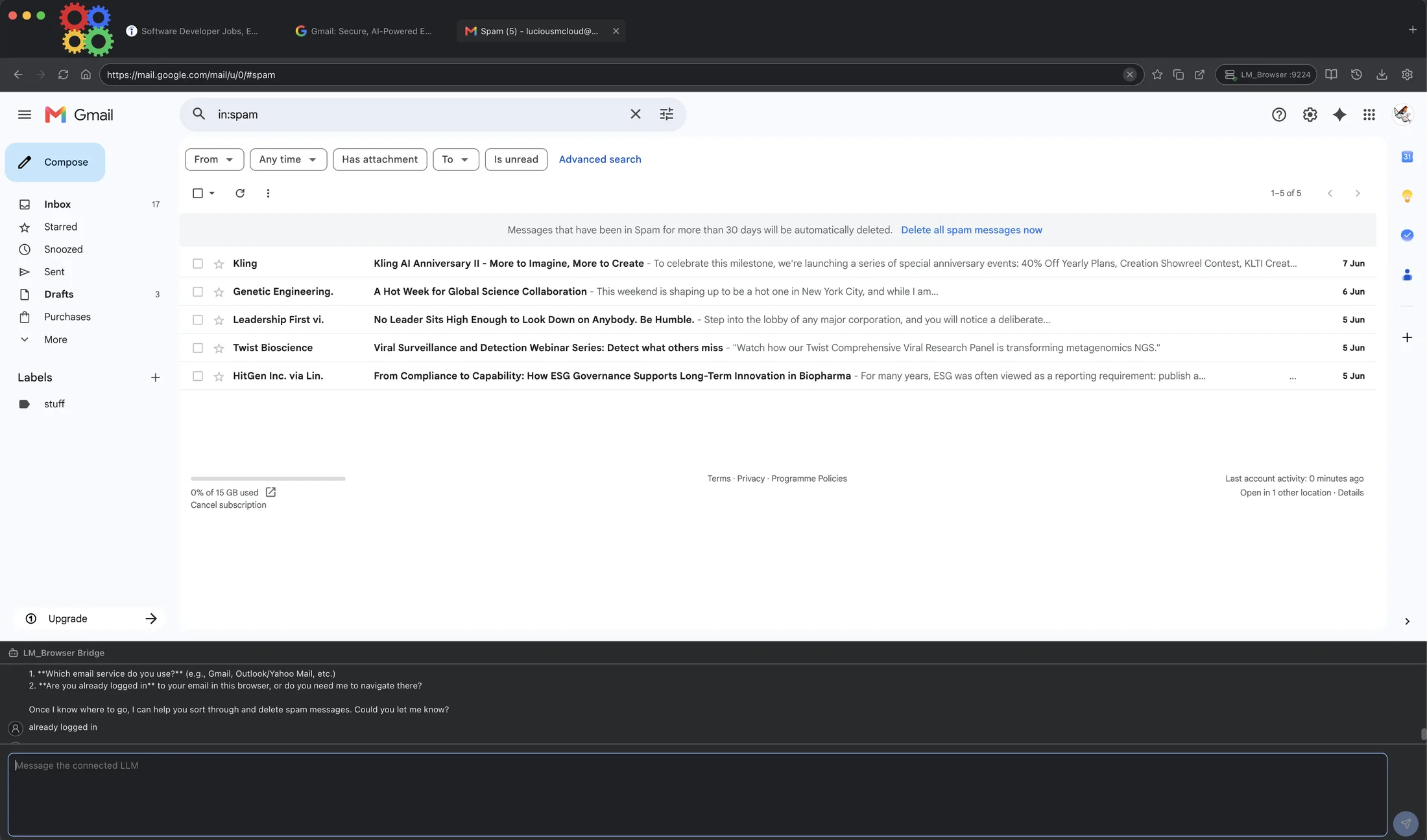 LLM Browser working in Gmail spam search with the LLM bridge below.