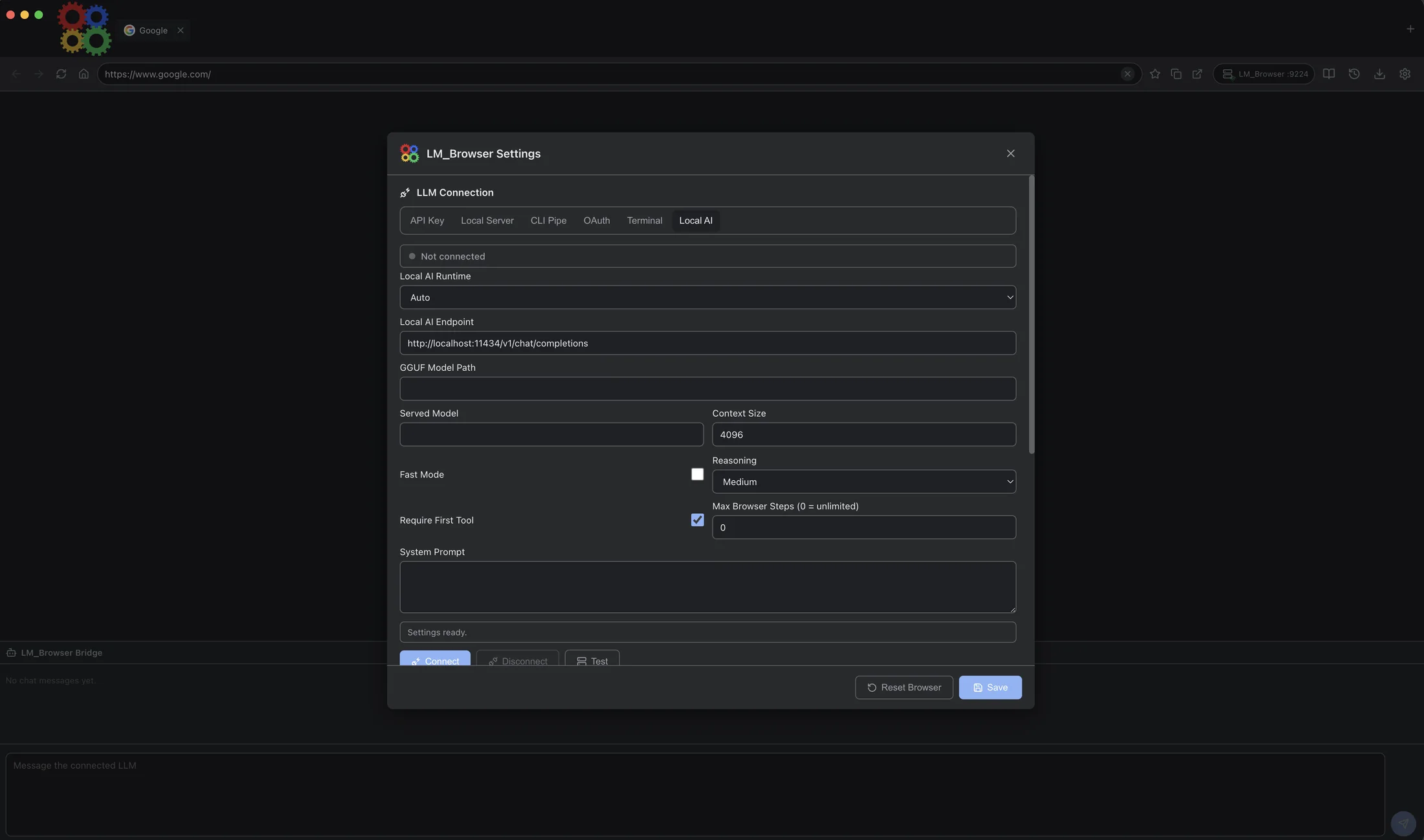 LLM Browser local AI settings.