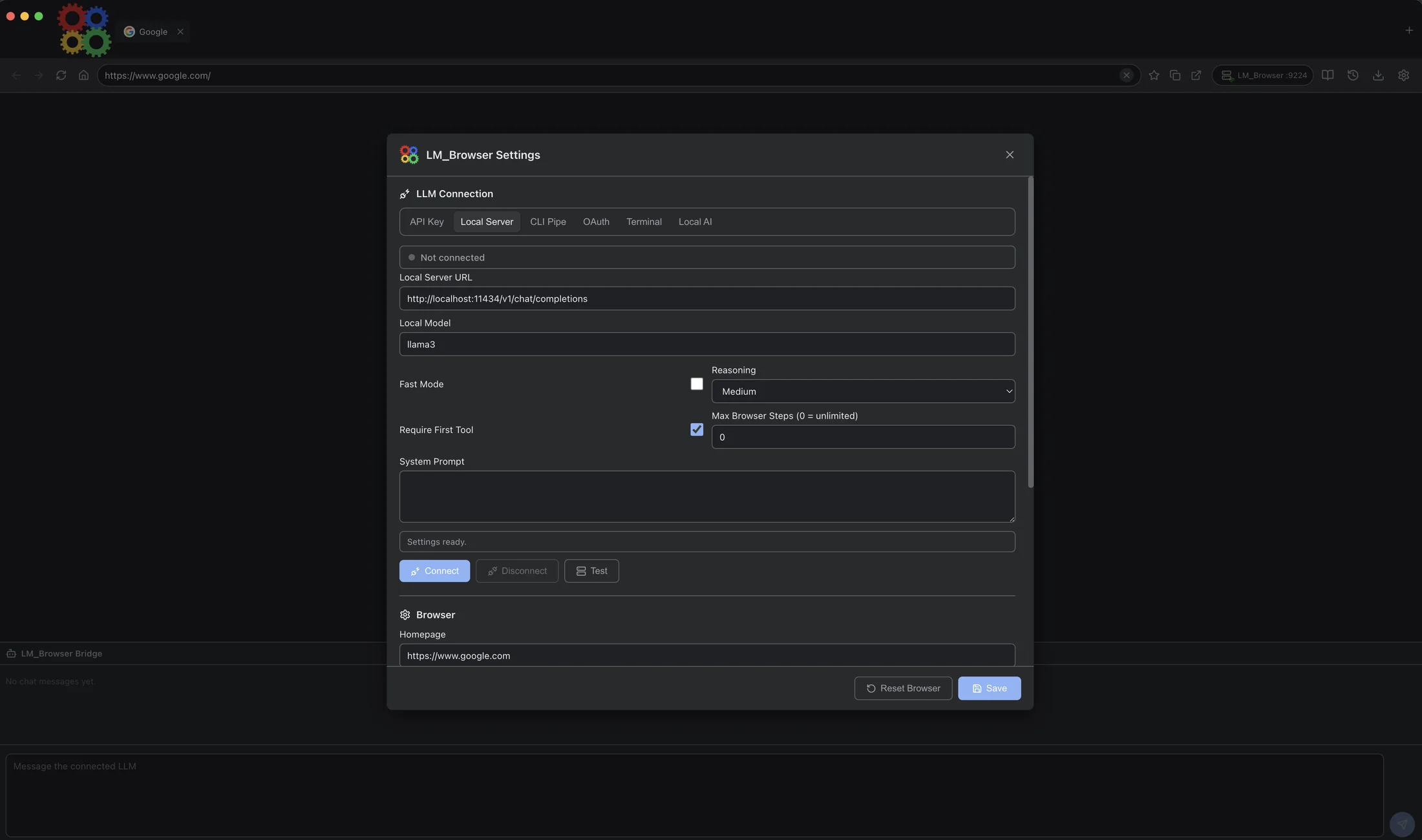 LLM Browser local server connection settings.